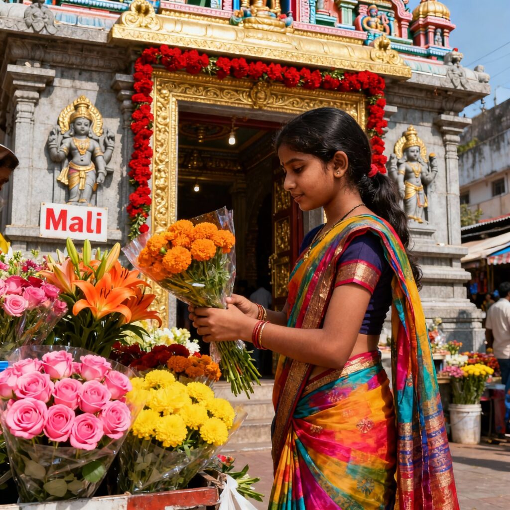 AN HINDU GIRL BUYING FLOWERS FOR PRAYER IN FRONT OF A TEMPLE